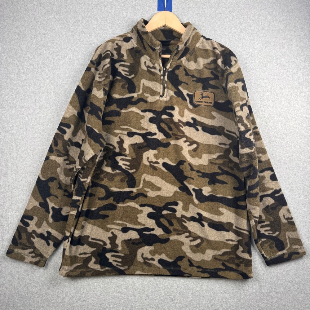 John Deere Fleece Pullover Mens Large Camo Quarter Zip Long Sleeve Camouflage